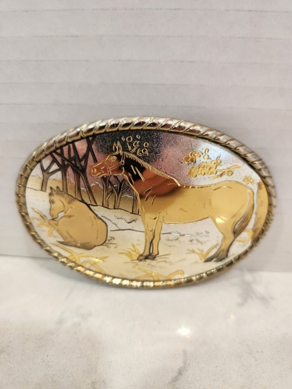 VTG Western Horse Belt Buckle Oval Running Horse Gold Silver Rope Edge Cowboy